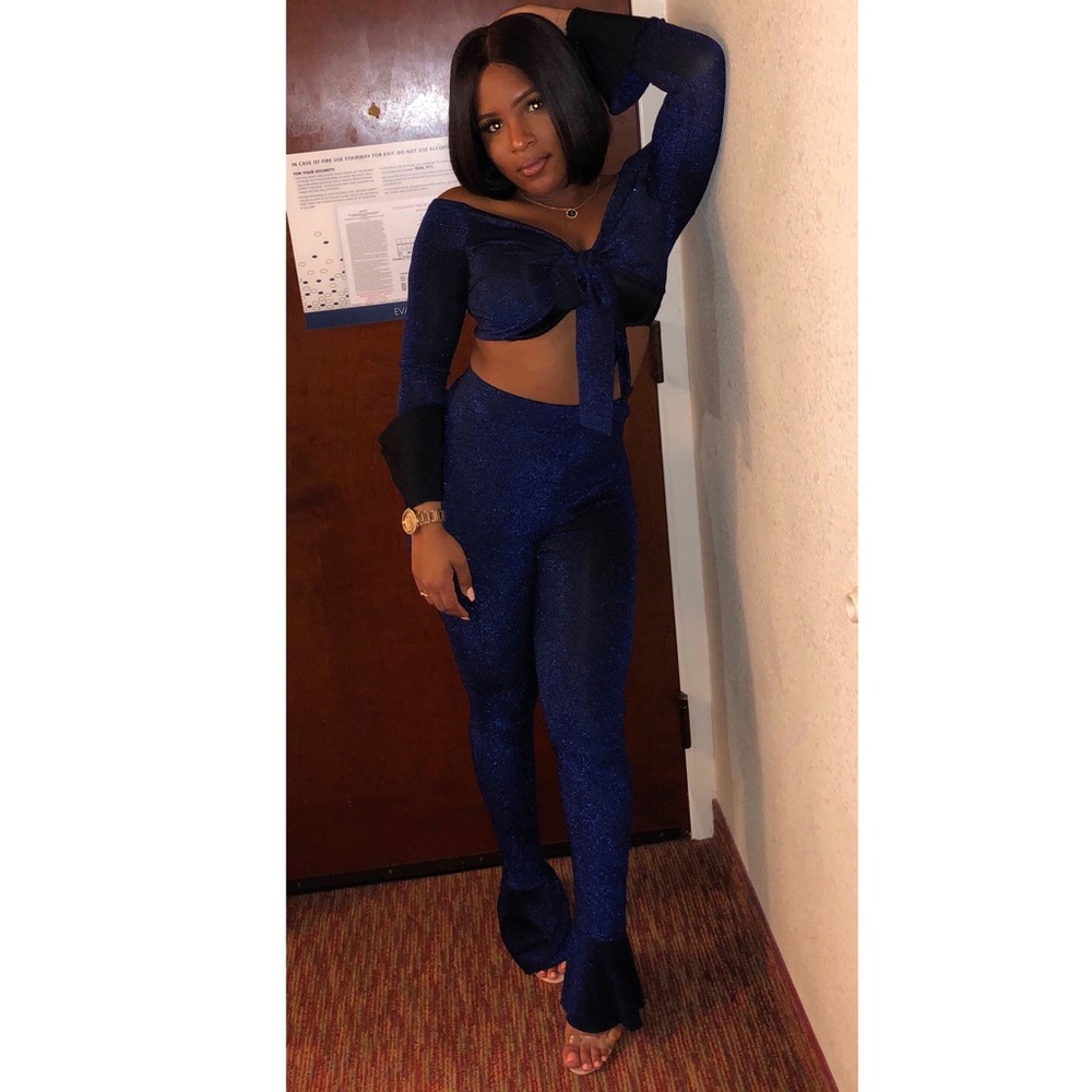 Blue glitter crop top and bell bottoms set